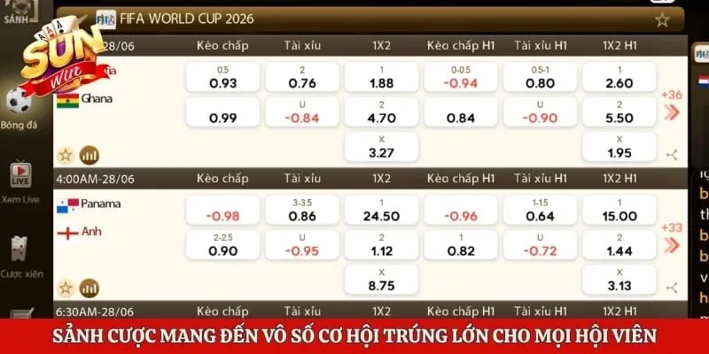 Thể Thao Sunwin - Thiên Đường Giải Trí Trực Tuyến Hấp Dẫn 2 Sảnh cược mang đến vô số cơ hội trúng lớn cho mọi hội viên